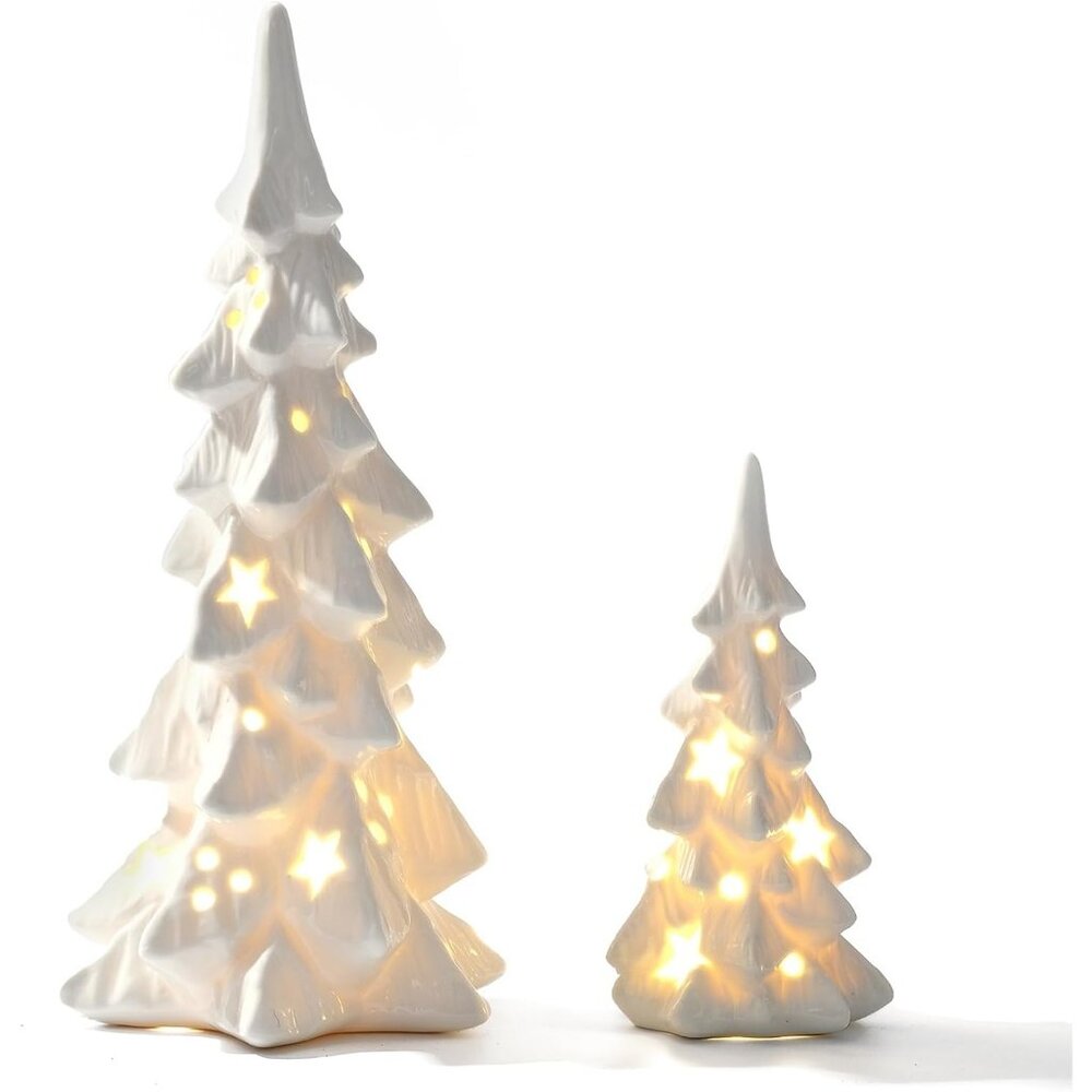 2Pcs White Ceramic Porcelain Christmas Tree with Lights Mantle Neutral Decor